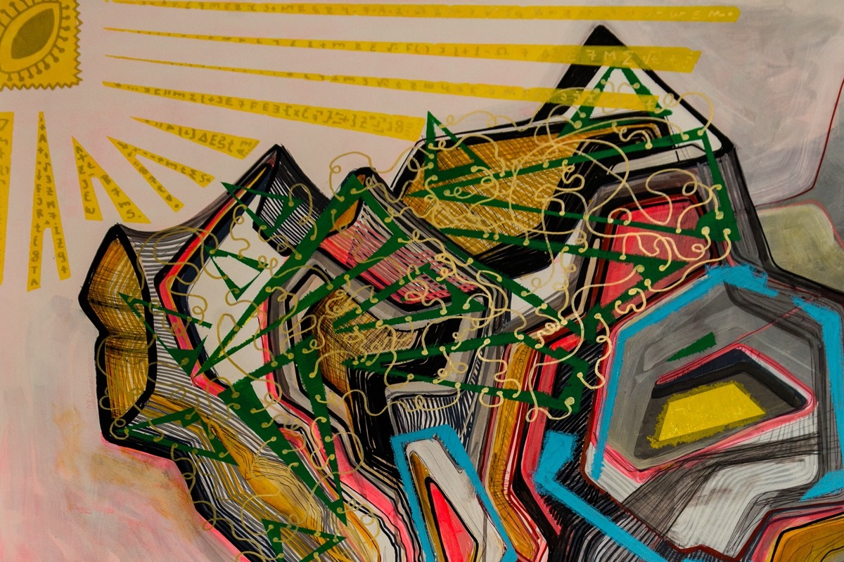 A detail from the series: a rayed sun inscribed with symbols, above interlocking forms drawn in green, gold, cyan and black.